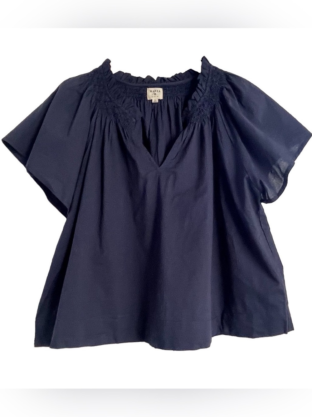 Marea Navy Cotton Flutter Sleeve Top Ruffle Neck V-Neck Smocked  Sz L